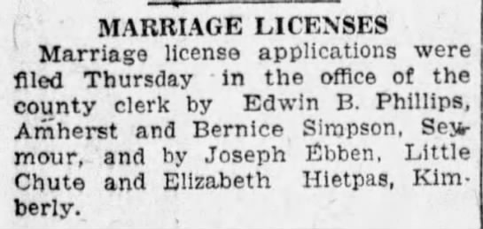 Joseph Ebben/Elizabeth Hietpas marriage license - 