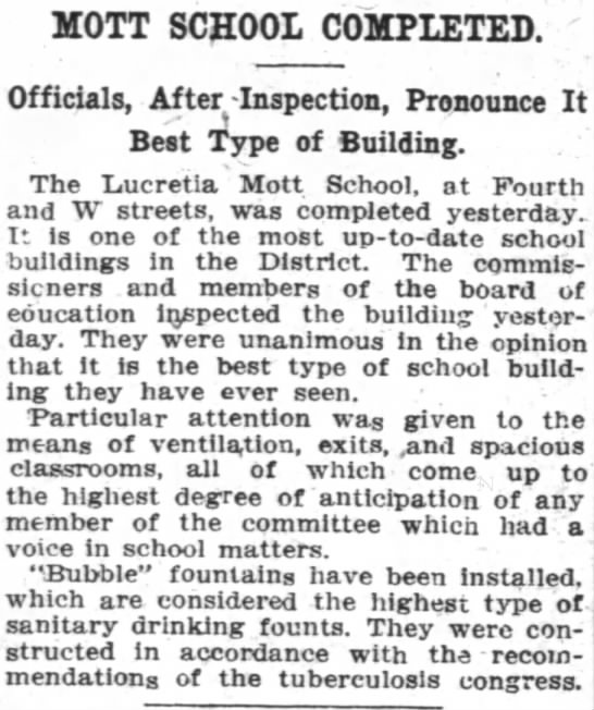 "Mott School Completed". The Washington Post, April 9, 1909. - 