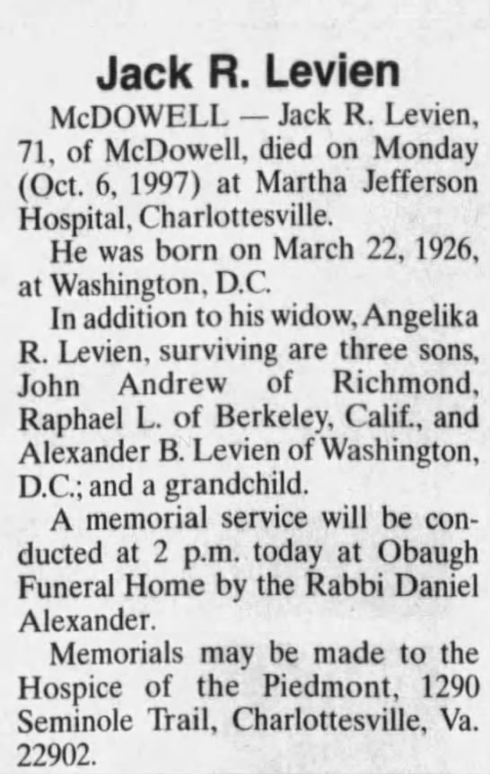 Obituary for Jack R. Levien, 1926-1997 (Aged 71) - 