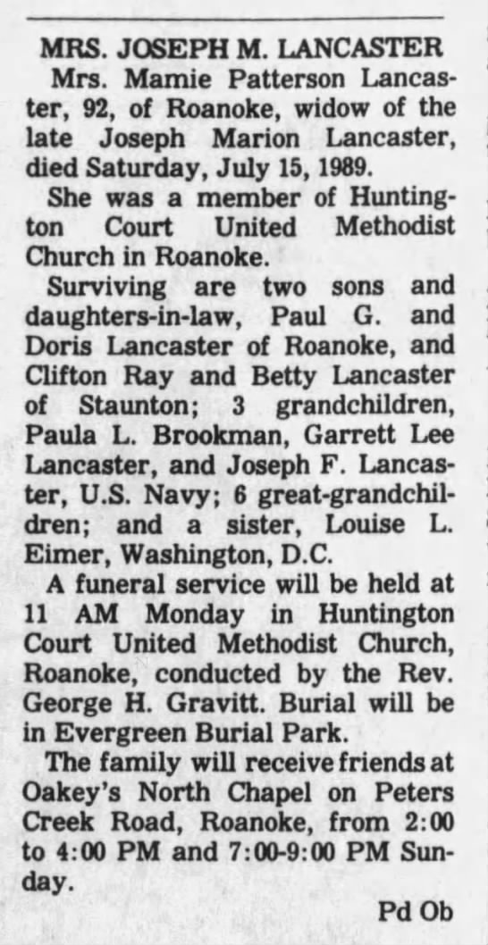 Mrs. Joseph M Lancaster Obituary