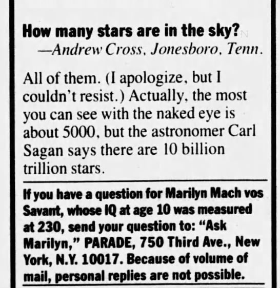 "How many stars are in the sky?"/"All of the." (1987). - 