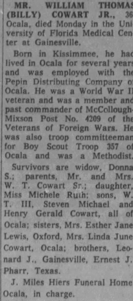 Obituary for WILLIAM THOMAS COWART (Aged 36)
