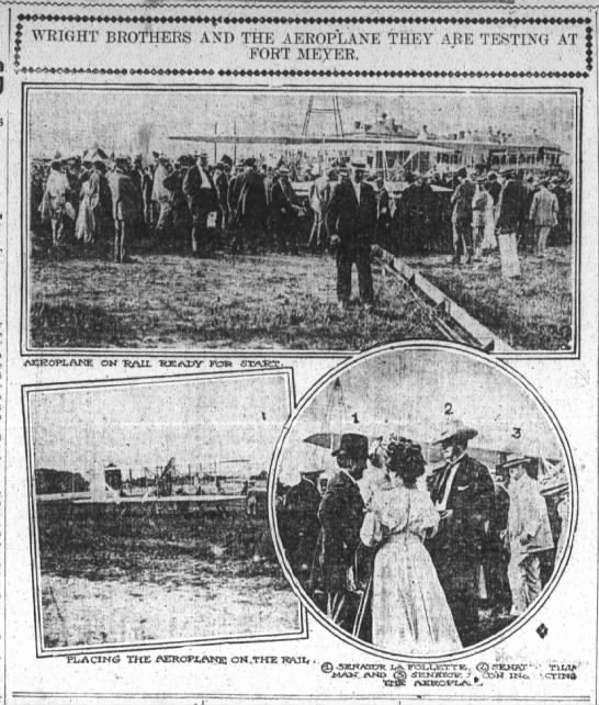Photos of the "Wright brothers and the aeroplane they are testing at Fort Meyer" in July 1909 - 