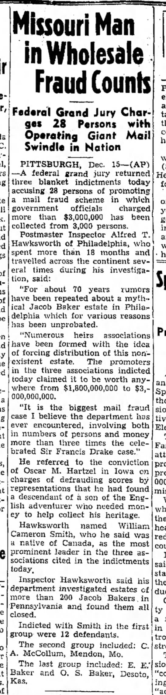 Baker estate fraud
The Daily Capital News (Jefferson City, Missouri) 16 Dec  1936 page 2 - 
