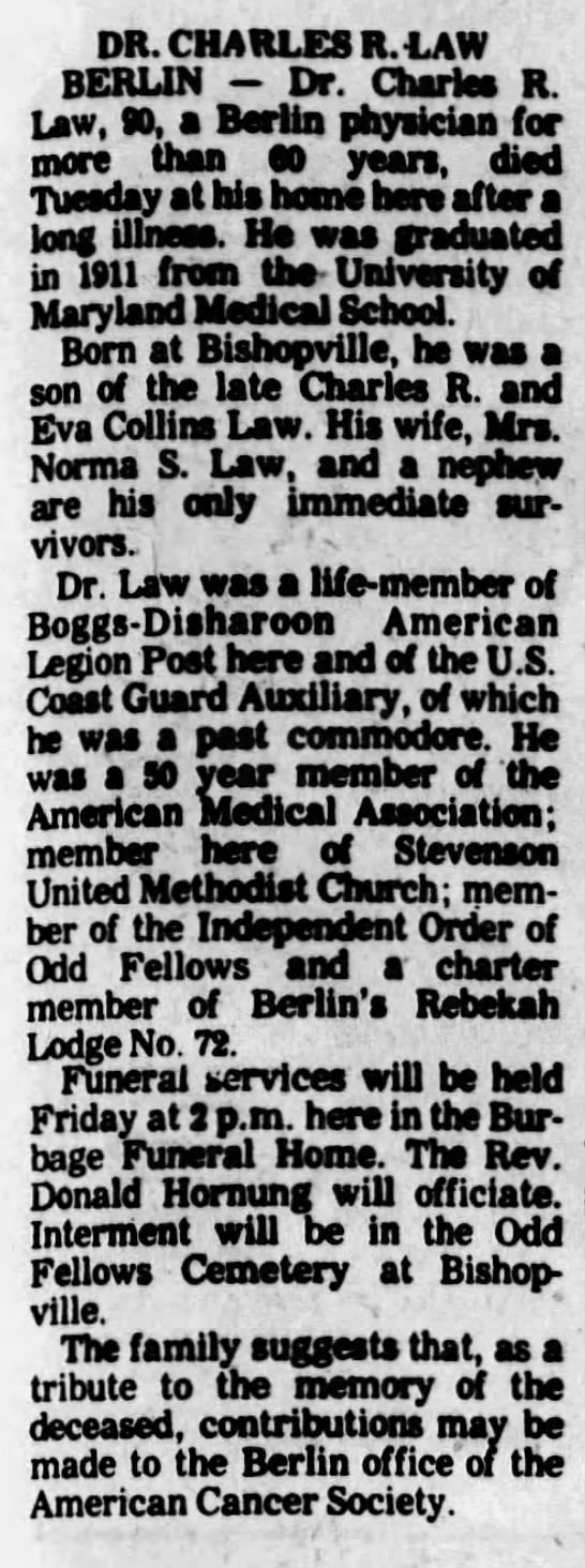 Obituary Dr. Charles R. Law The Daily Times Salisbury Times 17 Jun 1976 Thu p 13. - 