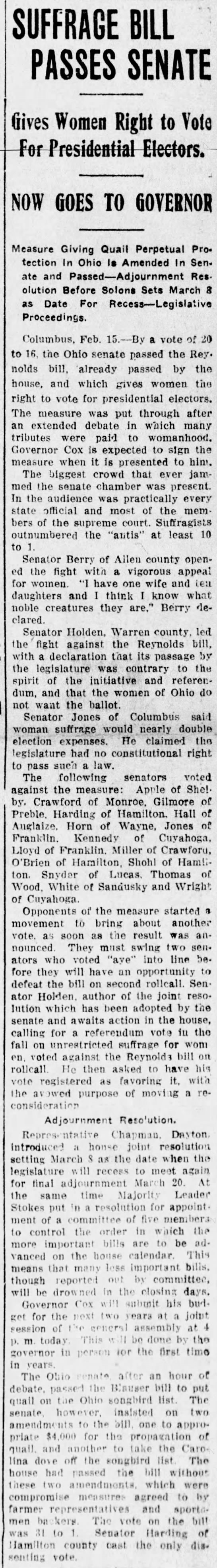 Ohio women are given the right to vote for presidential electors, 1917 - 