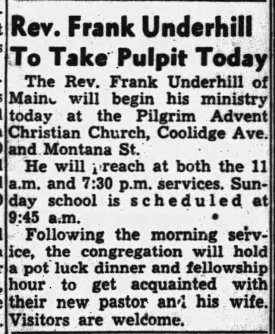 Rev. Frank Underhill -- new pastor for Pilgrim Advent Christian Church - 