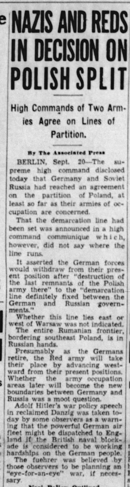 Newspaper article reports Germany and Soviet Union reach agreement on the partitioning of Poland - 