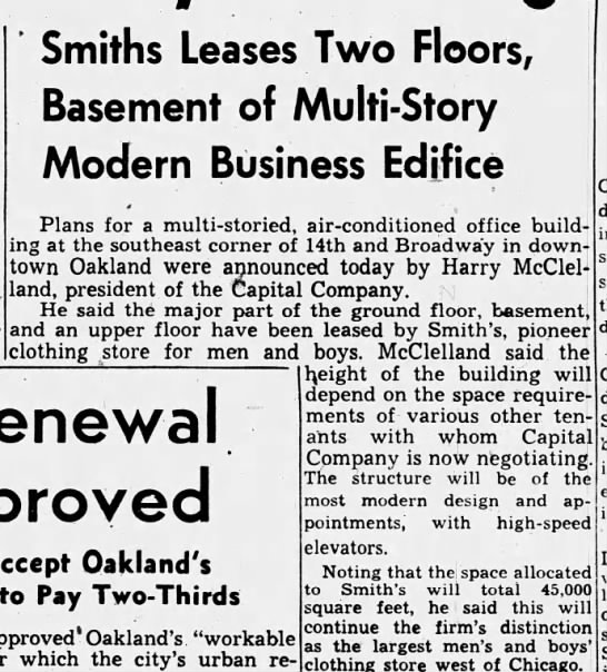 Smiths Leases Space at 14th & Broadway - Pg 1. - Oakland Tribune June 28, 1955 - 