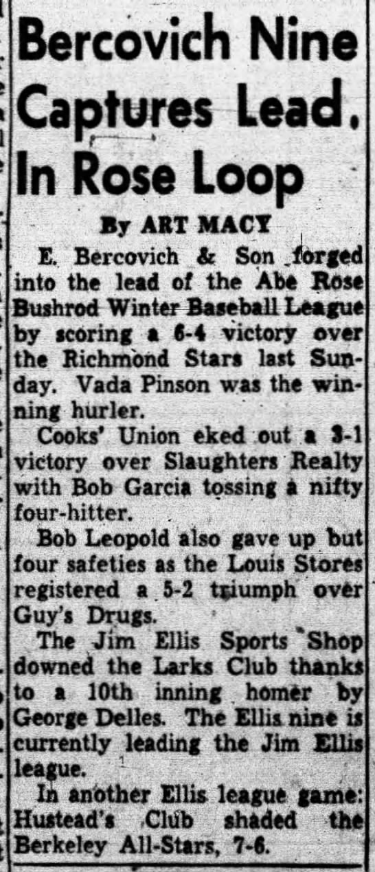 Vada Pinson -- winning pitcher for E. Bercovich and Son team - 