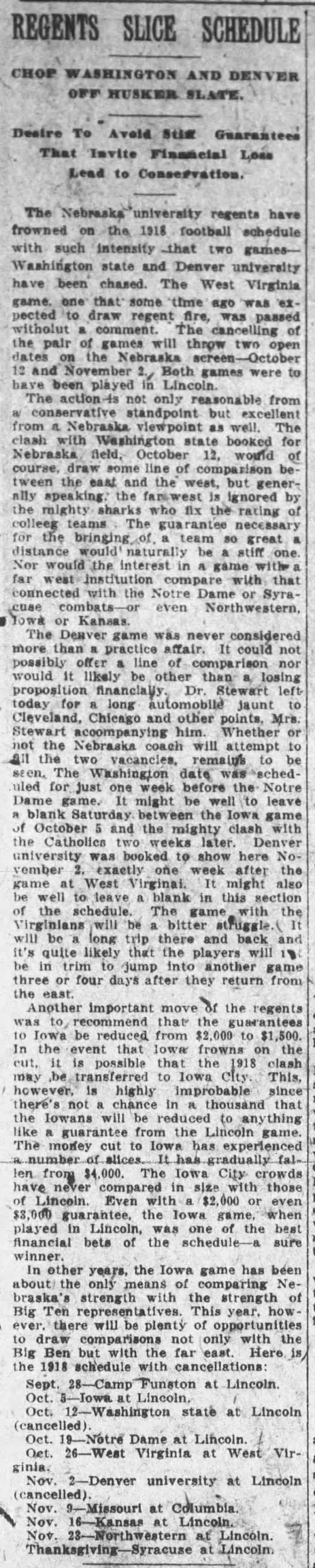 1918 Nebraska cancels home games with Washington State & Denver, financial reasons - 