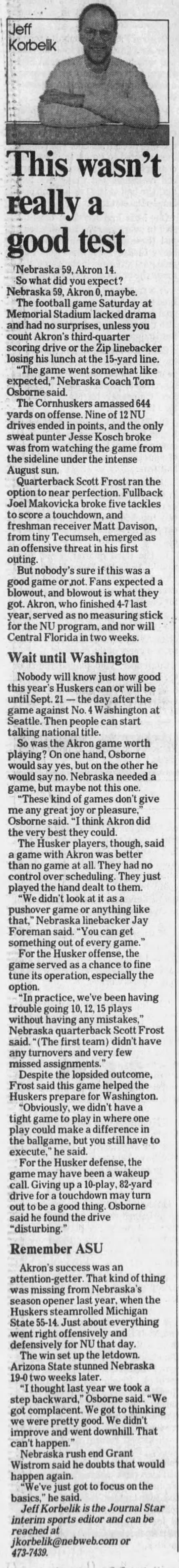 1997 Nebraska-Akron football Jeff Korbelik column - 