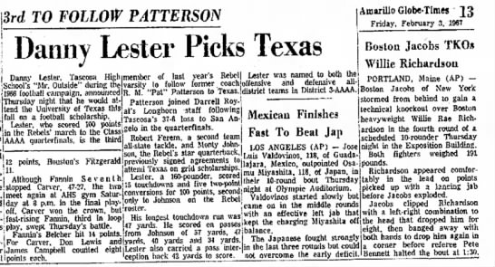 Danny Lester Picks Texas article 2/3/1967