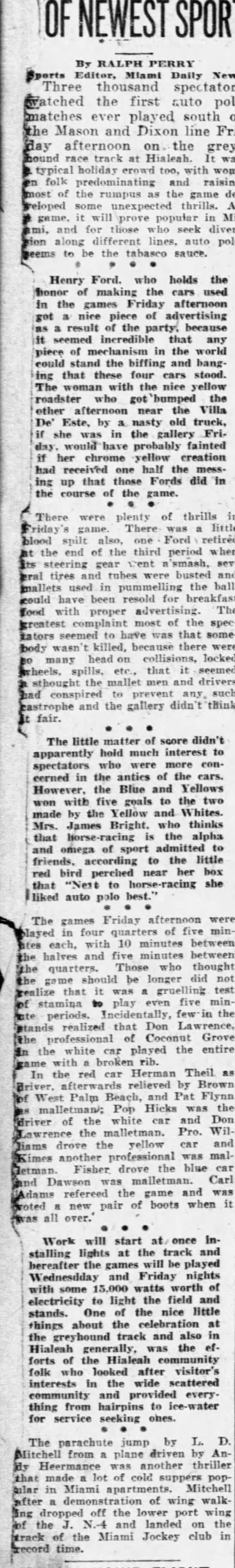 1924 July 5  Miami News, HIALEAH AUTO POLO - 