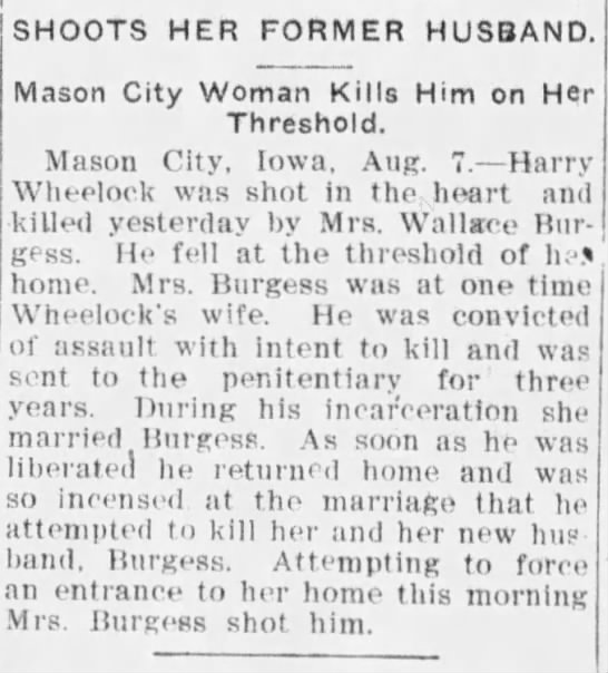 Harry Wheelock Shot By His Ex Wife 6 Aug 1900 - 