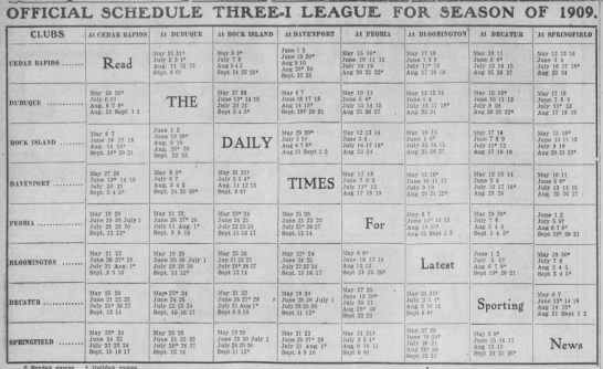 1909 Three-I League schedule - 