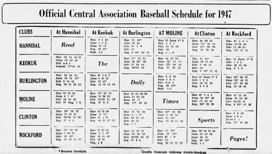 1947 Central Association schedule - 