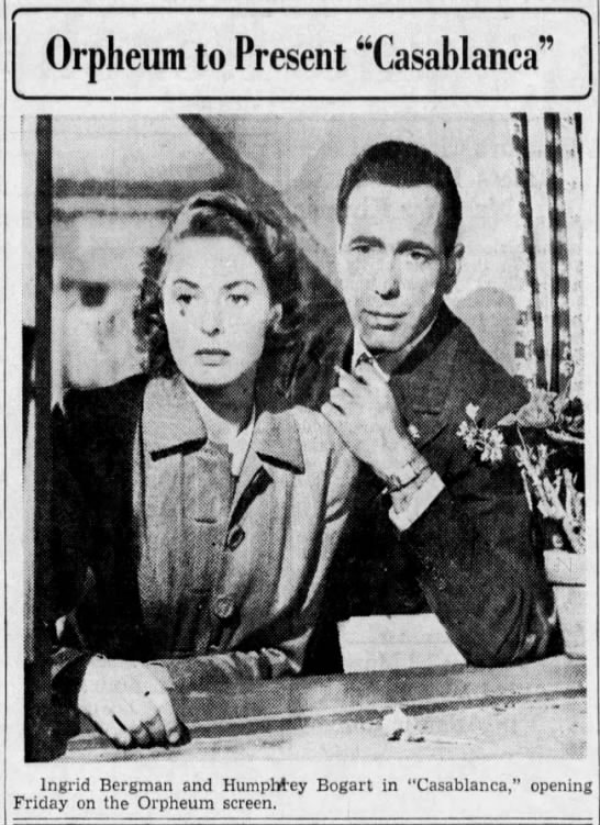 Photo of Humphrey Bogart and Ingrid Bergman in the 1942 film “Casablanca” - 