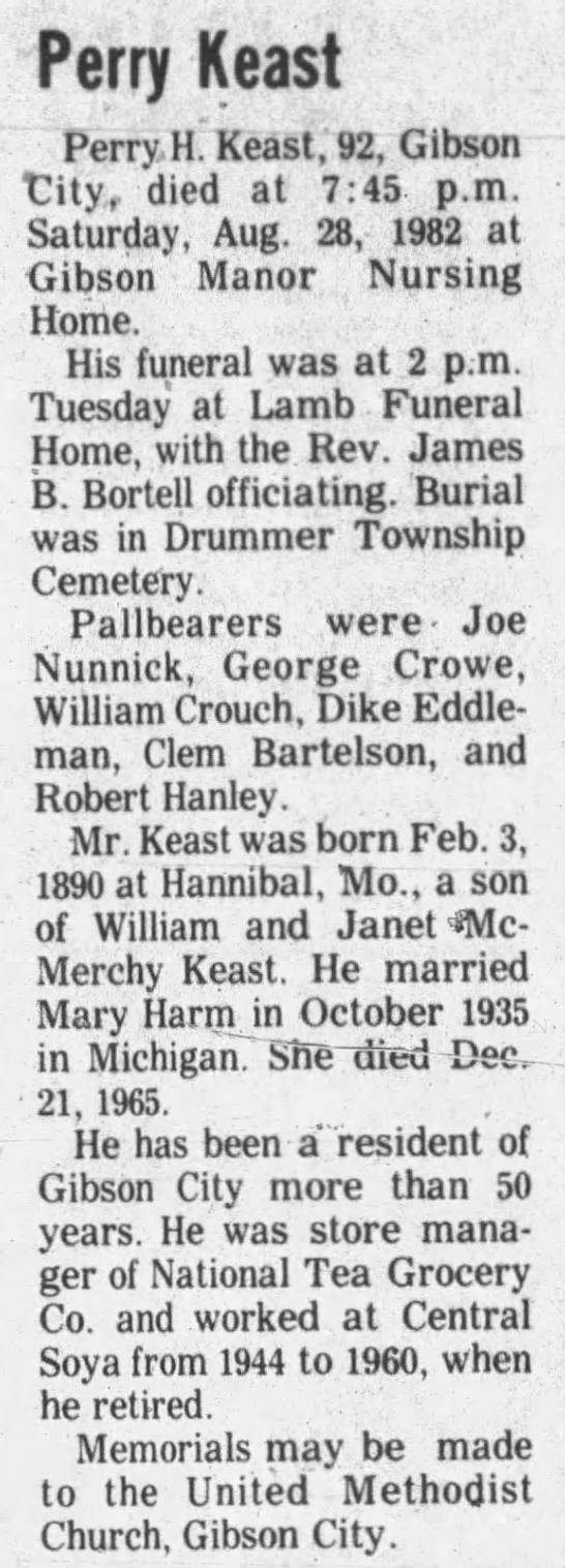 Perry Keast obituary - 