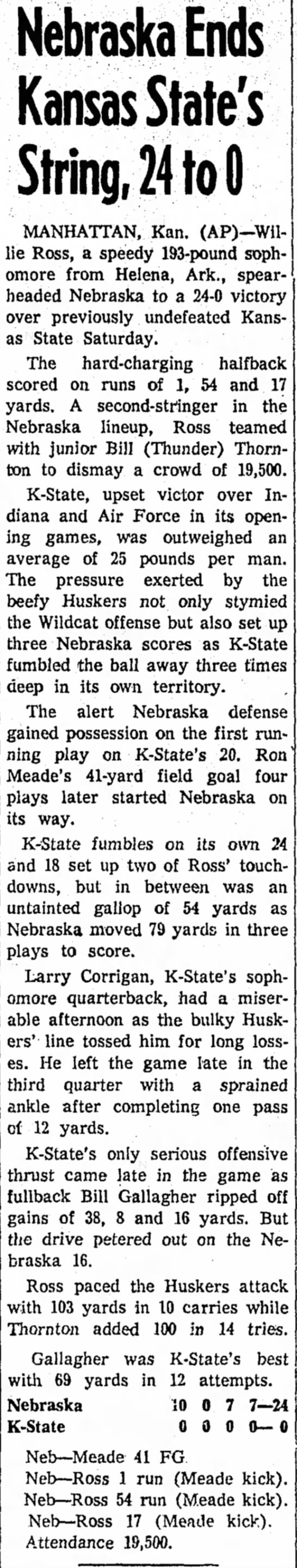 1961 Nebraska-Kansas State football, AP - 