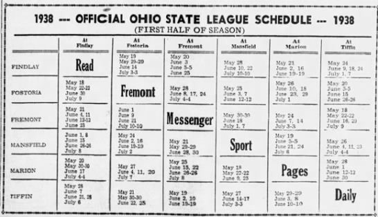 1938 Ohio State League schedule 1st half - 