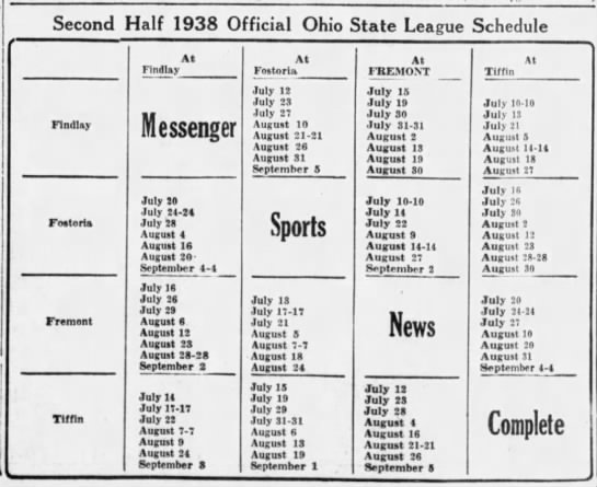 1938 Ohio State League schedule 2nd half - 