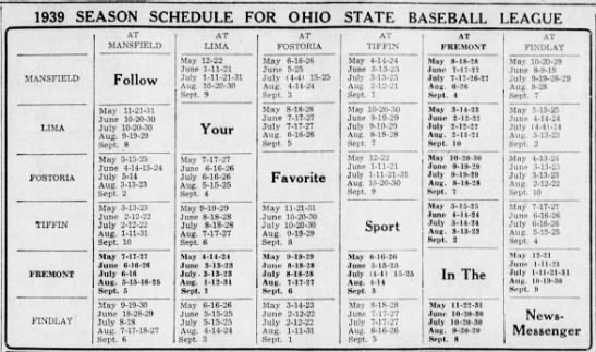 1939 Ohio State League schedule - 