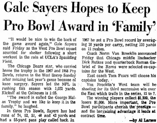 Gale Sayers Hopes to Keep Pro Bowl Award in 'Family' - 