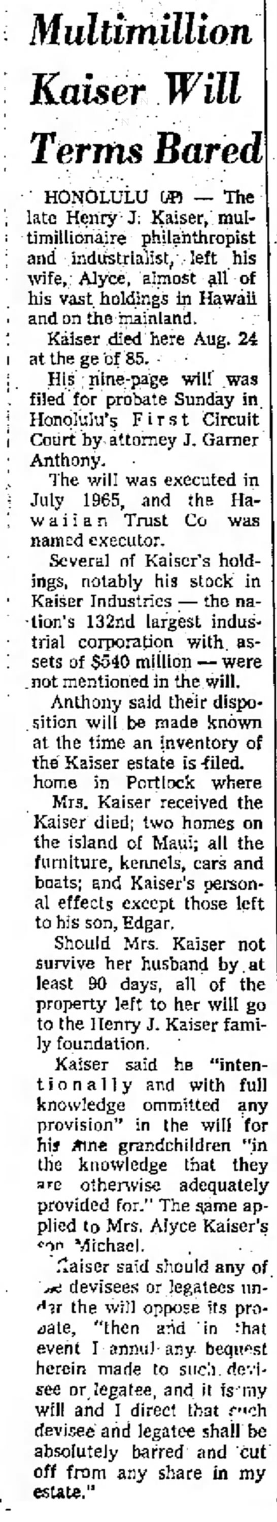 Alyce Chester Kaiser will from husband Henry J Kaiser after his death - 