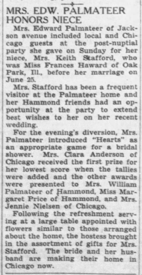 Mrs Edw Palmateer Honors Niece - 19 July 1938 - 