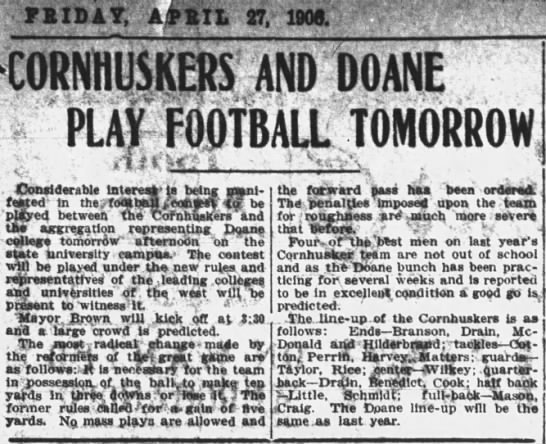 Nebraska-Doane exhibition football preview April 1906 - 