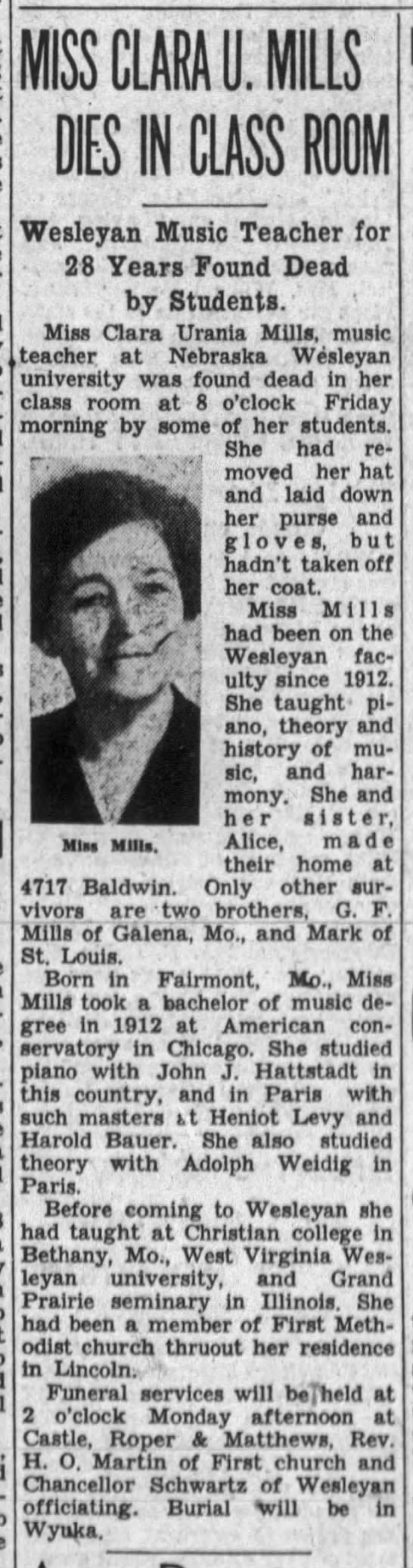 C C White - Clara Dies in Classroom - Lincoln Journal Star - Apr 12 1940 Pg 1 - 
