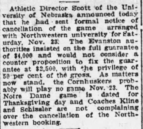 1918 Nebraska-Northwestern game cancellation - 