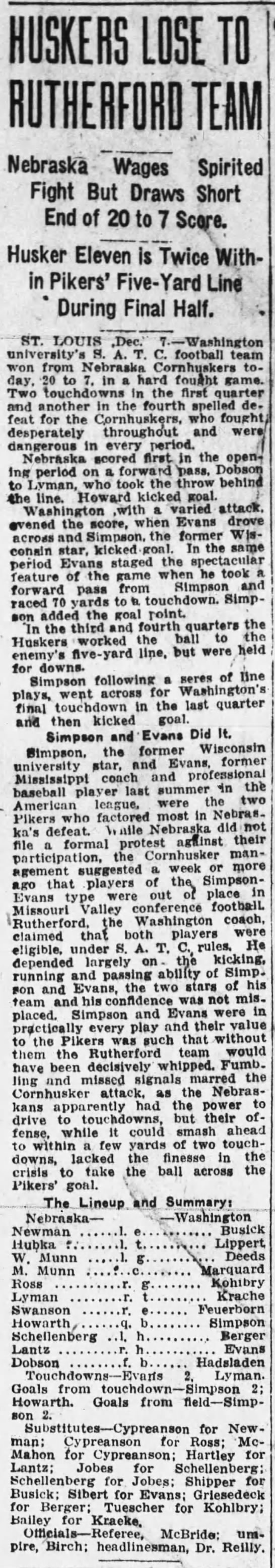 1918 Nebraska at Washington St. Louis football, Lincoln Star - 