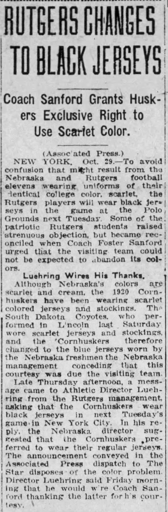 1920 Rutgers black jerseys vs. Nebraska - 