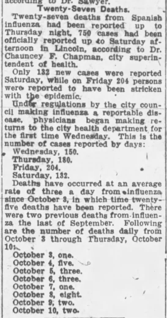 1918 mid-October flu deaths in Lincoln - 