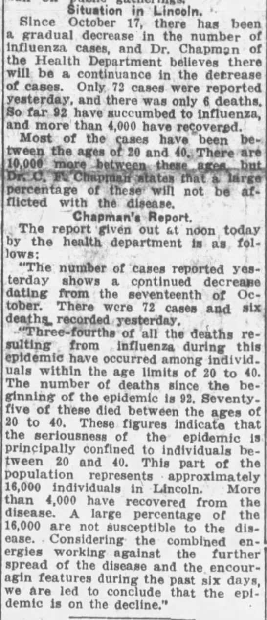 1918 Lincoln flu deaths late October - 