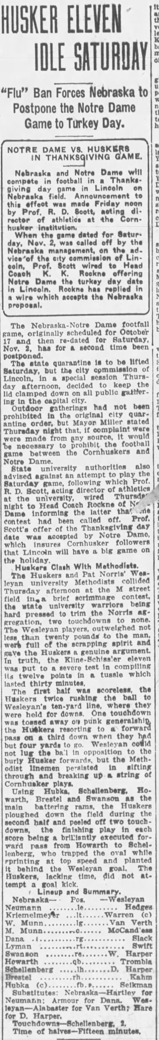 1918 Nebraska-Notre Dame football second postponement - 