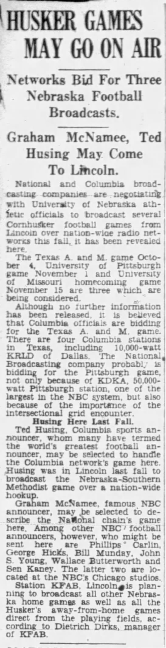 1930 Nebraska potential radio games - 