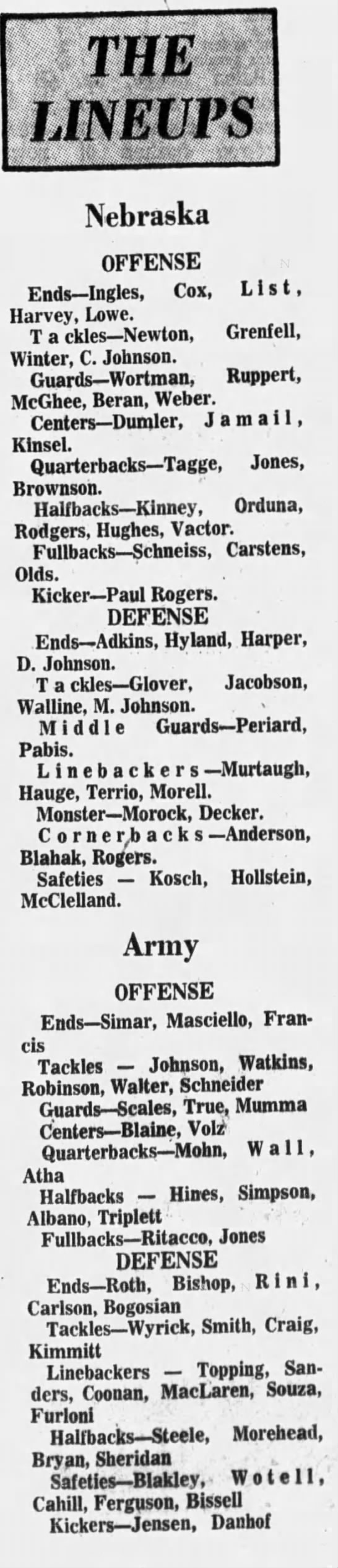 1970 Nebraska-Army lineups - 