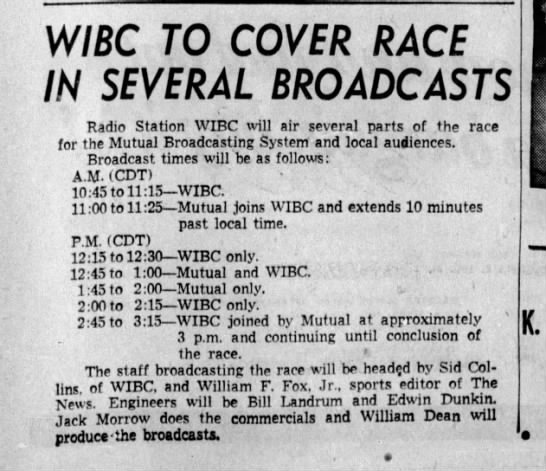 1951 Indy 500 radio schedule WIBC - 