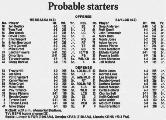 1990 Nebraska-Baylor lineups - 