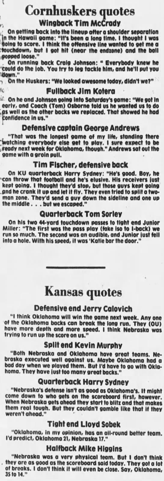 1978 Nebraska-Kansas postgame quotes - 