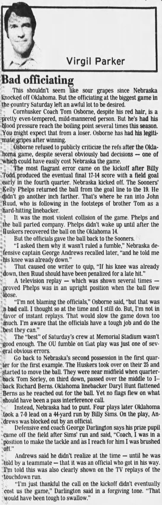 1978 Nebraska-Oklahoma officiating - 