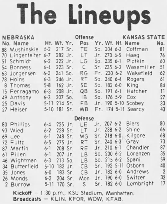 1975 Nebraska-Kansas State lineups - 