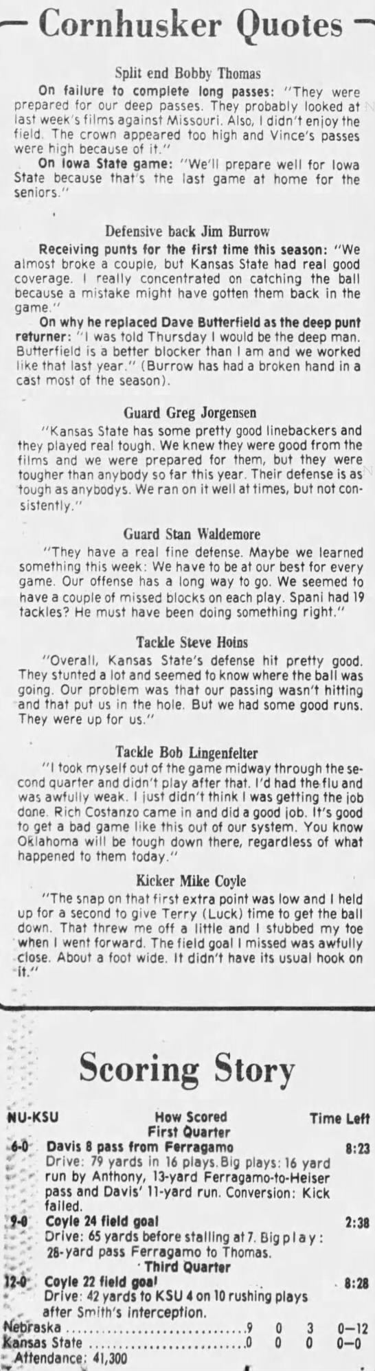 1975 Nebraska-Kansas State, quotes & summary - 