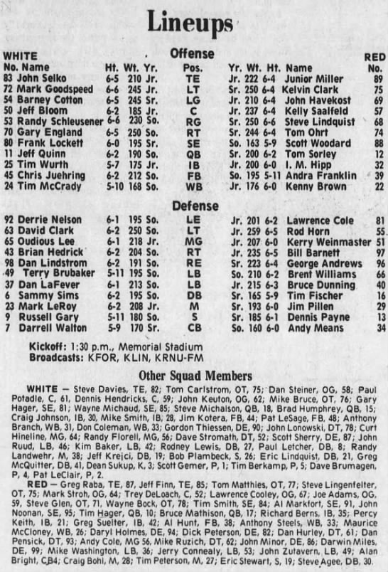1978 Red-White spring game rosters - 