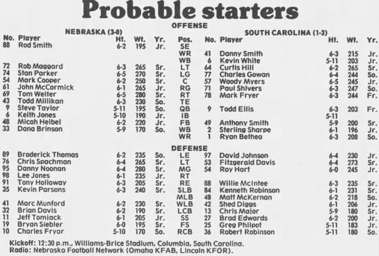 1986 Nebraska-South Carolina lineups - 
