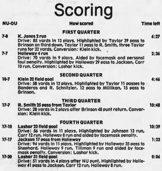 1986 Nebraska-Oklahoma scoring summary - 