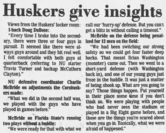 1985 Nebraska-FSU, LJS insights - 
